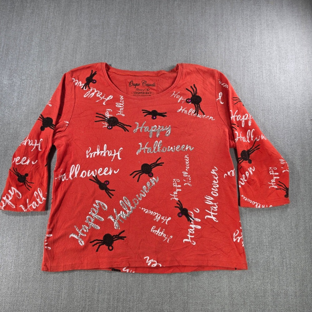 Onque Casuals Halloween Top Womens XL Orange Sequin Spider Rhinestone 3/4 Sleeve